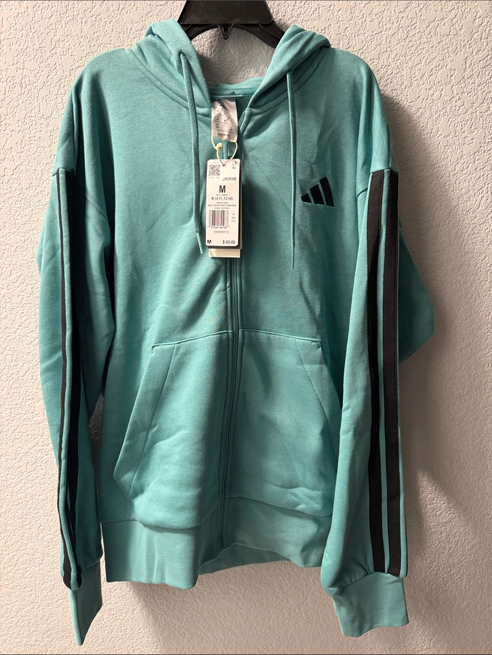 adidas Men’s Teal Zip-Up Hoodie with Black Sleeve Stripes